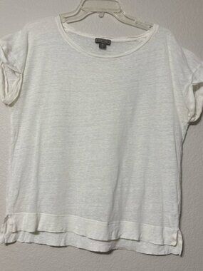 Point Sur White Linen Short Cap Sleeve, Round Neck Top. Size M